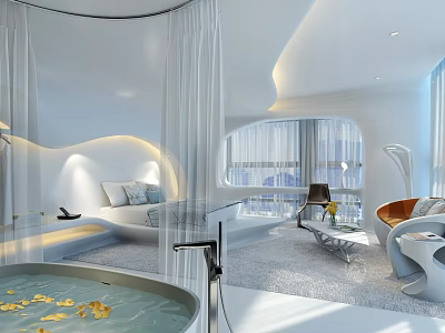 Modern Hotel Room Interior With Bathtub Sofa Bed Scenic View And Floor to Ceiling Windows 3d model