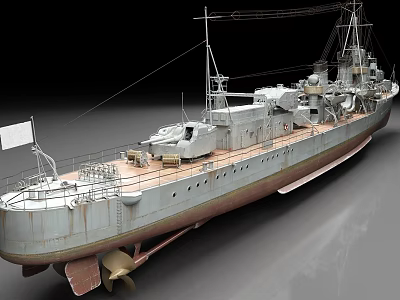 Vintage Warship Model Featuring Rustic Hull Wooden Deck Masts and Cannons 3d model