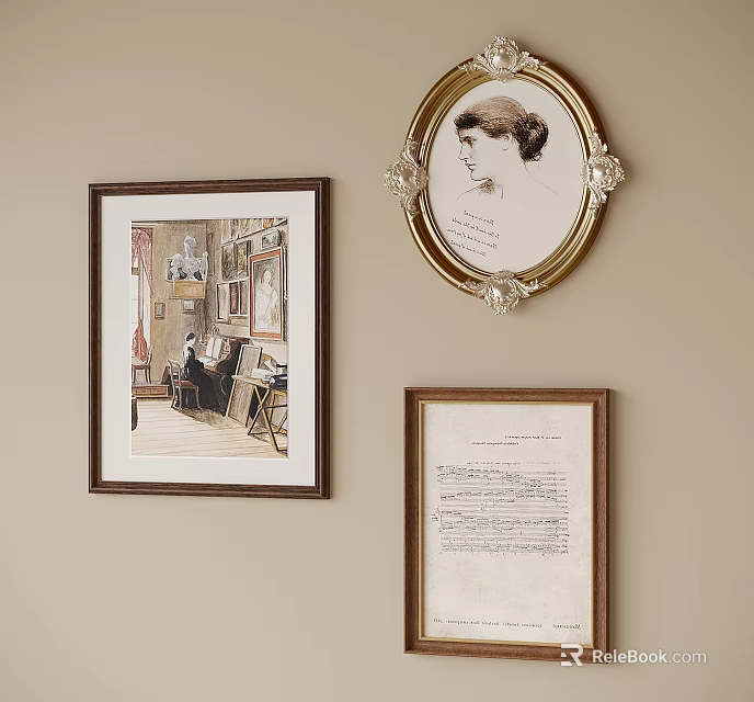 Abstract Paintings Hanging on Wall with Brown Gold Frames Interior Scene Portrait and Manuscript Text 3d model 