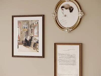 Abstract Paintings Hanging on Wall with Brown Gold Frames Interior Scene Portrait and Manuscript Text 3d model