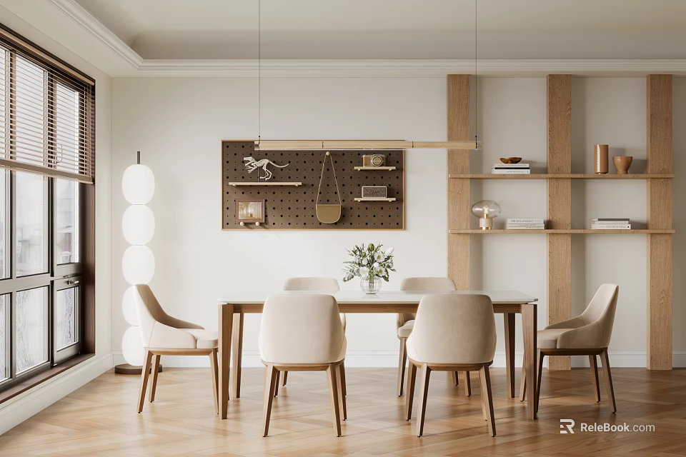Minimalist Dining Room Interior With Wooden Table Chairs Pendant Lights Shelves And Large Windows 3d model 
