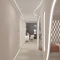 Modern Apartment Interior With White Chairs Coffee Table Circular Lights Arched Doorway Bed And Stools