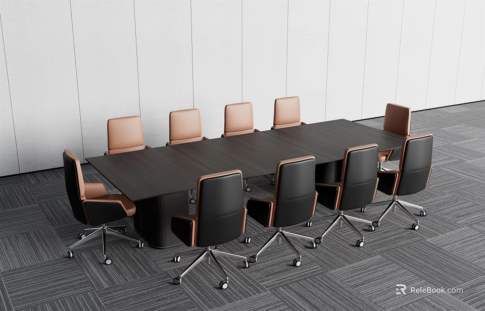 Modern Office Conference Table With Dark Wood Top And Black Brown Chairs 3d model 