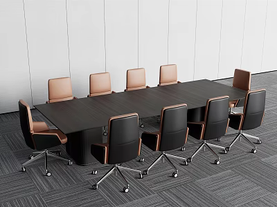 Modern Office Conference Table With Dark Wood Top And Black Brown Chairs 3d model