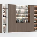 Modern Wooden Wine Cabinet With Marble Backdrop And Glass Shelves For Bottles And Decor