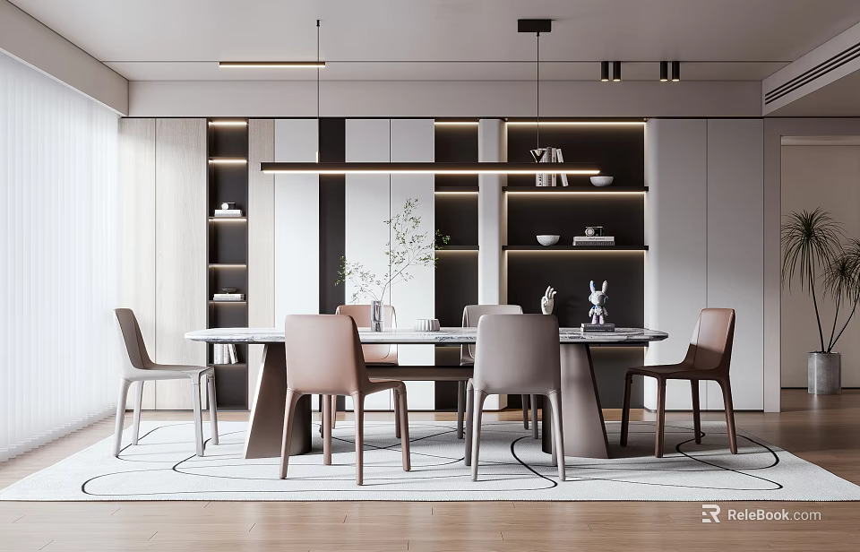 Modern Dining Room With Round Table Chairs Pendant Lights Decorative Shelves And Wooden Floor 3d model 