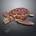 Brown Sea Turtle With Patterned Shell And Flippers On Dark Background