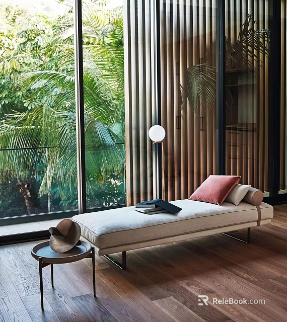 Daybed in Indoor With Large Window Tropical Plants Side Table Pink Cushion And Natural Light 3d model 