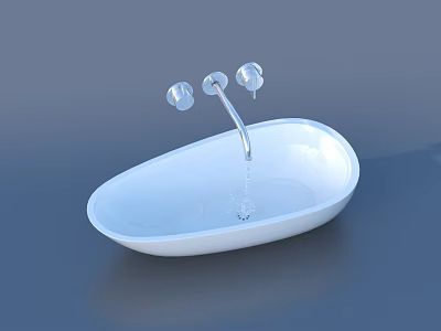 White Oval Washbasin With Silver Faucet And Water Dripping On Grey Background 3d model