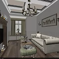 Elegant Classic Living Room With Chandelier Cream Sofa Fireplace Wooden Floor And Wall Art