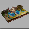 Detailed Miniature Castle Architecture Model With Blue Pool Green Lawn And Trees