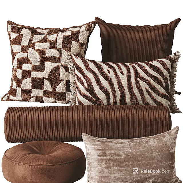 Brown And Beige Decorative Pillows With Geometric Zebra Print Ribbed And Velvet Textures 3d model 