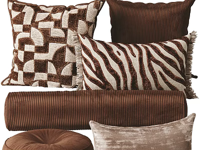 Brown And Beige Decorative Pillows With Geometric Zebra Print Ribbed And Velvet Textures 3d model