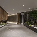 Modern Zen Hotel Corridor With Wooden Vertical Slats Stone Landscape Green Plants And Soft Lighting