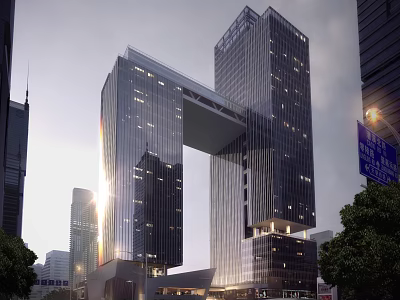 Modern Commercial Complex Twin Skyscrapers Connected By Sky Bridge In Urban Setting With Glass Facades 3d model