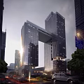 Modern Commercial Complex Twin Skyscrapers Connected By Sky Bridge In Urban Setting With Glass Facades