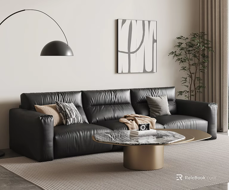 Modern Minimalist Black Leather Sofa And Round Coffee Table Set With Marble Top Gold Base 3d model 