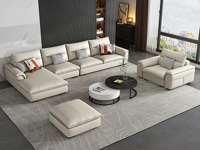 Beige L shaped Sectional Sofa Set With Ottoman Coffee Table In Modern Living Room 3d model