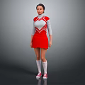 Female Cheerleader In Red And White Uniform With White Socks And Pink Sneakers