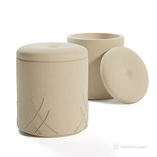 Set Of Two Beige Cylindrical Stools With Stitched Texture And Removable Lid 3d model 