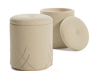 Set Of Two Beige Cylindrical Stools With Stitched Texture And Removable Lid 3d model