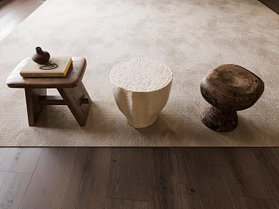 Three Distinct Stools On Beige Carpet With Dark Wooden Floor And Decor 3d model