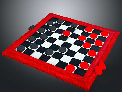 Classic Checkerboard Game Board With Red Border Black White Squares And Pieces 3d model