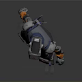 Futuristic Sci Fi Armored Character Wearing Blue Orange Outfit With Mechanical Legs And Horned Helmet