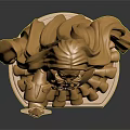 Elegant Detailed Golden Character Statue Holding Weapon Standing On Reflective Platform