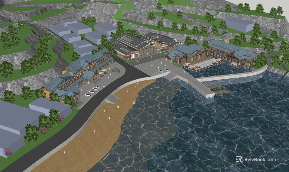 Scenic Waterfront Traditional Architecture Complex With Mountain Trees Road And Pier 3d model 