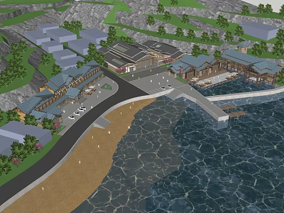 Scenic Waterfront Traditional Architecture Complex With Mountain Trees Road And Pier 3d model
