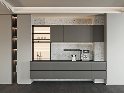Modern Interior Sideboard With Gray Cabinets Stone Backsplash Shelves And Appliances 3d model