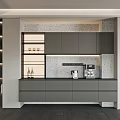 Modern Interior Sideboard With Gray Cabinets Stone Backsplash Shelves And Appliances
