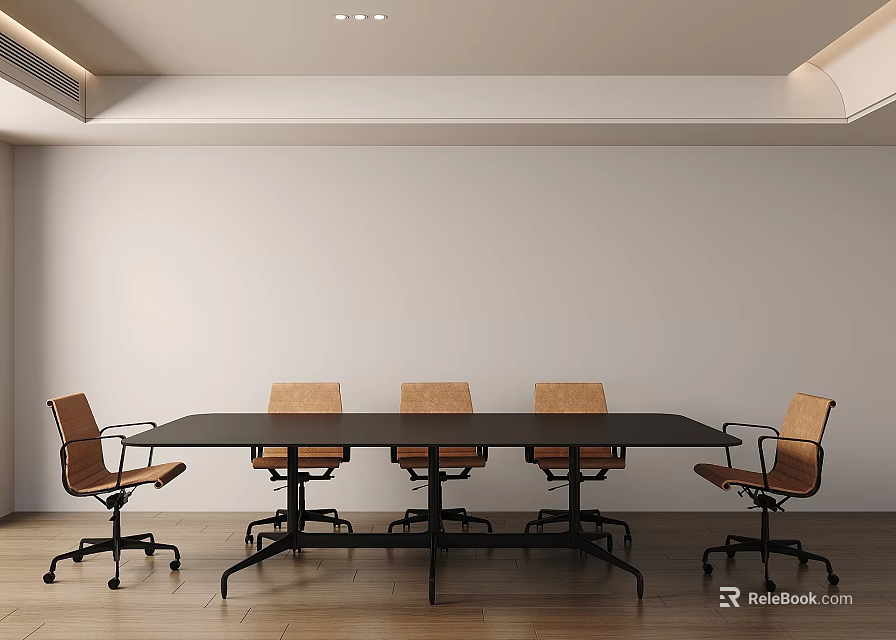 Modern Long Table and Chair Set with Black Tabletop Brown Chairs on Wooden Floor 3d model 
