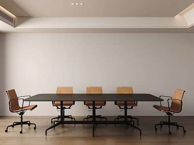 Modern Long Table and Chair Set with Black Tabletop Brown Chairs on Wooden Floor 3d model