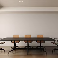 Modern Long Table and Chair Set with Black Tabletop Brown Chairs on Wooden Floor