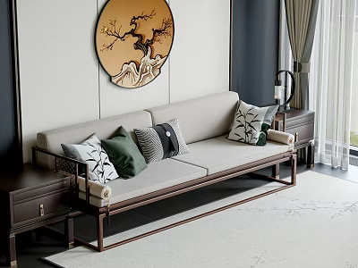 New Chinese Style Sofa Solid Wood Sofa Straight Row Sofa Zen Sofa Luohan Bed 3d model