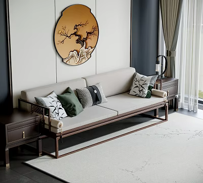 Oriental Style Three-Seater Sofa With Patterned Cushions Round Decorative Painting And Wooden Side Tables 3d model