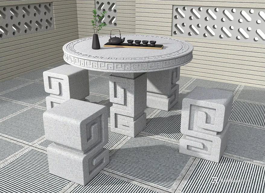 Round Stone Outdoor Table With Geometric Patterned Stools Vase And Tea Set By Perforated Wall 3d model