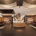 Tea House Interior With Wooden Shelves Round Display Counter And Dining Chairs
