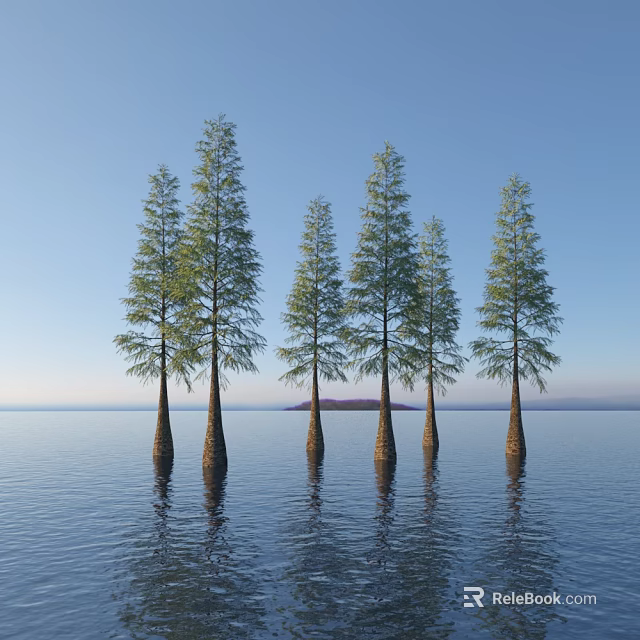Tall Trees Standing in Calm Water with Distant Island and Clear Sky 3d model 