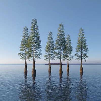 Tall Trees Standing in Calm Water with Distant Island and Clear Sky 3d model