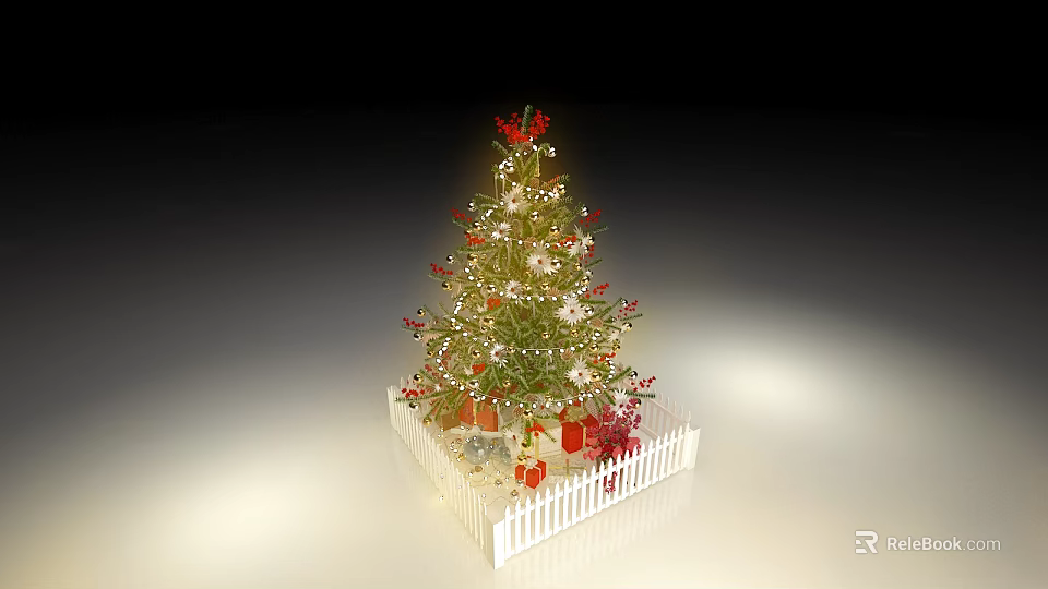 Floral Decoration For Christmas Tree With String Lights Gift Boxes And White Picket Fence 3d model 