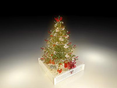 Floral Decoration For Christmas Tree With String Lights Gift Boxes And White Picket Fence 3d model
