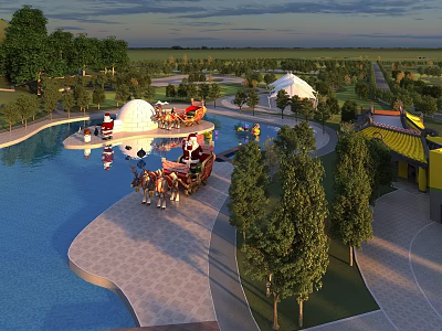 Amusement Park At Sunset Featuring Pool Animal Carriage Tents Trees And Traditional Roof Buildings 3d model
