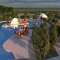 Amusement Park At Sunset Featuring Pool Animal Carriage Tents Trees And Traditional Roof Buildings