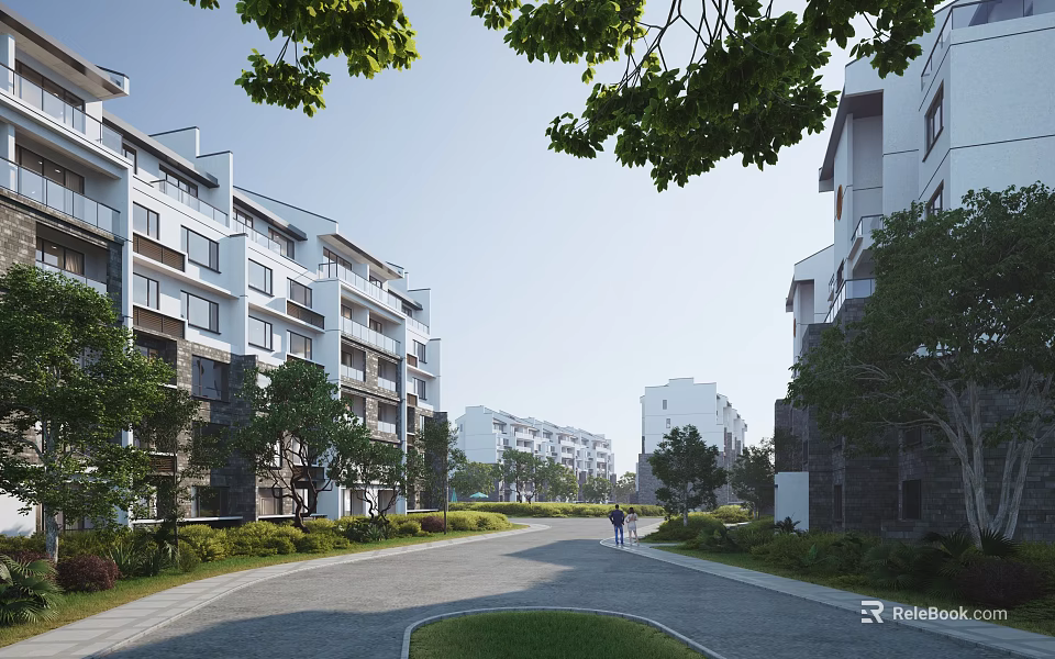 Modern Residential Building Exterior With Lush Green Trees And Wide Pathway 3d model 