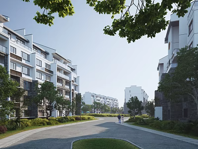 Modern Residential Building Exterior With Lush Green Trees And Wide Pathway 3d model
