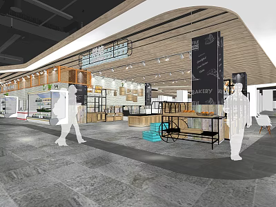Modern Open Dessert Shop With Wooden Ceiling Display Cases Customers And Marble Floor 3d model