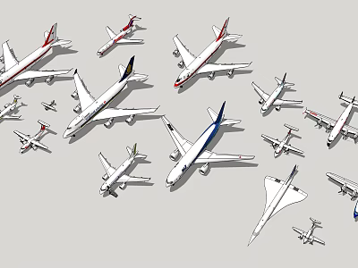Various Airplane Models Displayed In Different Sizes And Designs On White Background 3d model